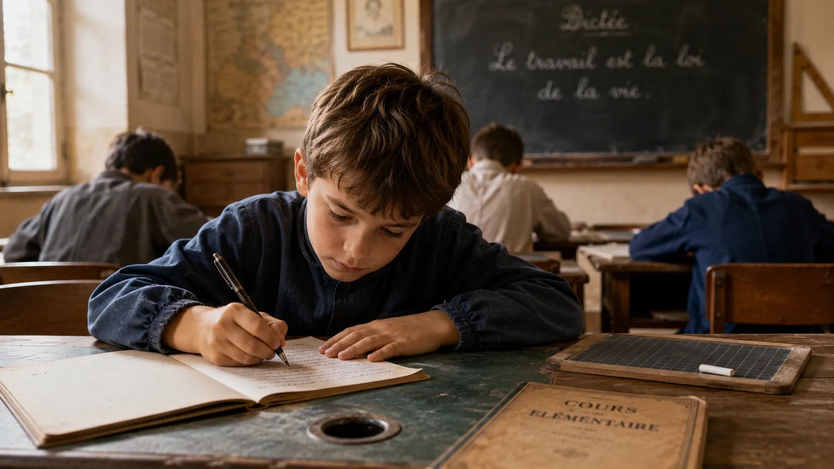 Écolier passant une épreuve écrite dans une ancienne salle de classe française, illustration du certificat d’études primaires