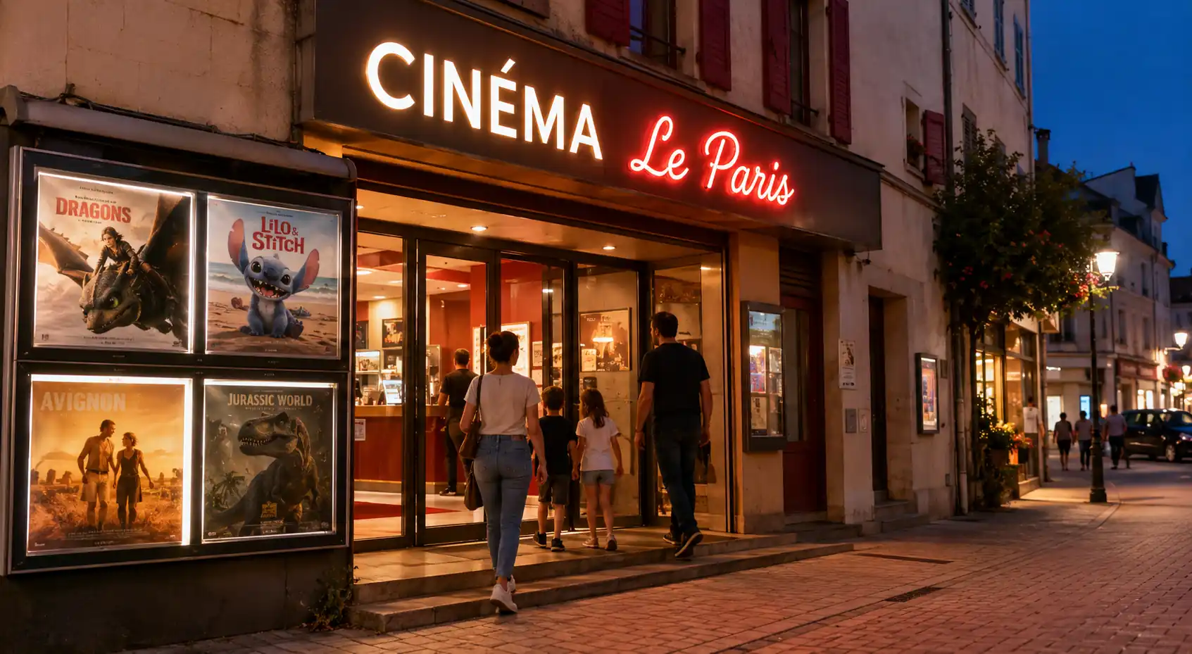 Famille entrant au cinéma Le Paris à Morteau lors d’une séance en soirée