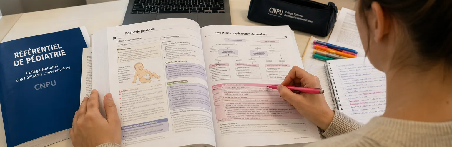 Étudiante en médecine révisant la pédiatrie avec un référentiel, des notes et un ordinateur portable