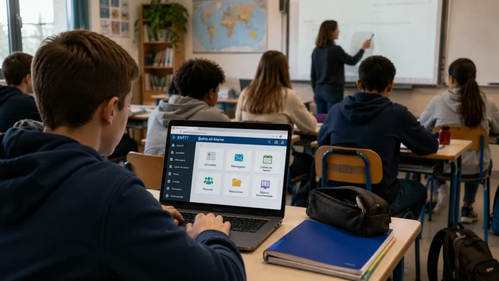 Collégien utilisant l’ENT77 sur un ordinateur portable pendant un cours au Collège Les 4 Arpents.