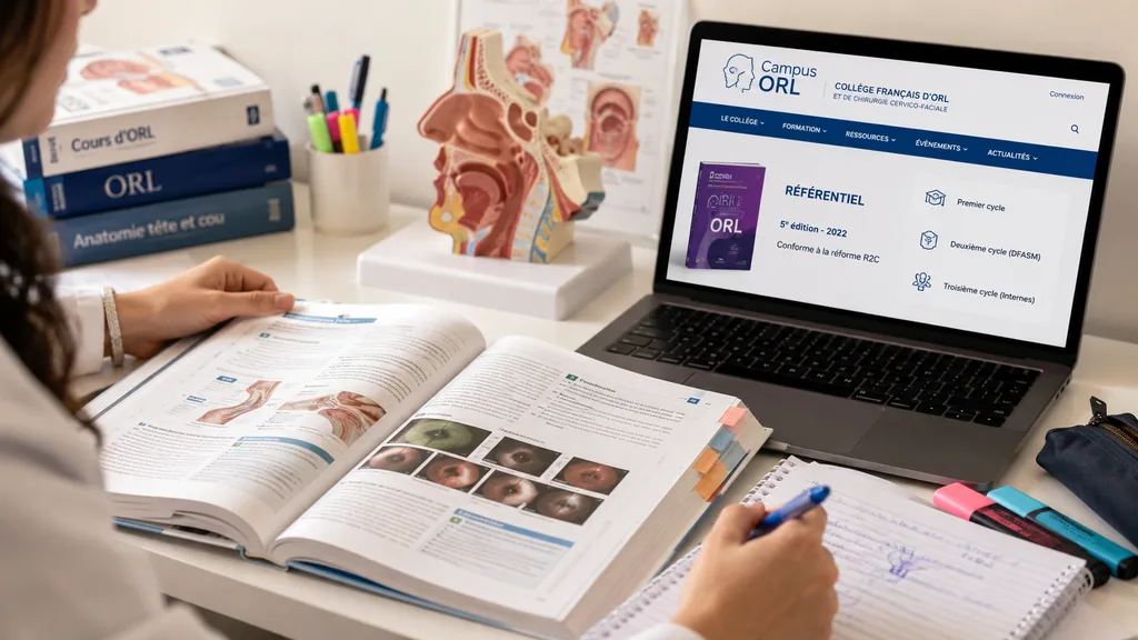 Étudiante en médecine révisant le référentiel du Collège ORL avec un manuel d’anatomie et des ressources pédagogiques en ligne.