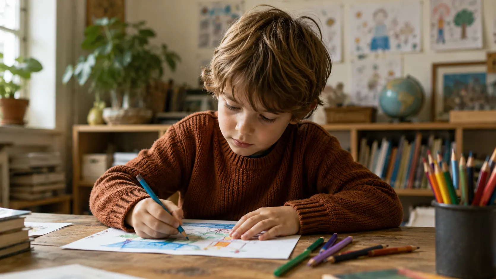 Enfant concentré sur une activité d’expression écrite dans un espace éducatif avec livres, dessins et matériel scolaire