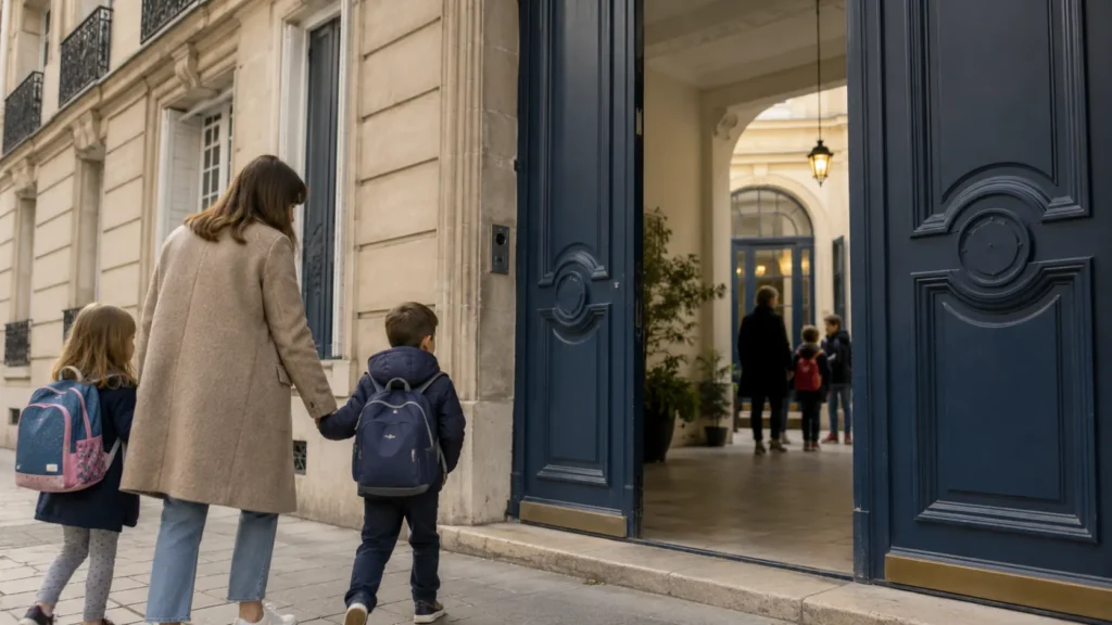 Mère accompagnant ses enfants à l’entrée d’une école privée parisienne avec leurs cartables.