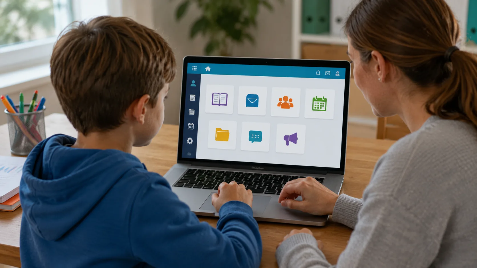 Parent accompagnant un enfant dans l’utilisation de l’ENT ONE sur un ordinateur portable pour consulter les services numériques de son école.