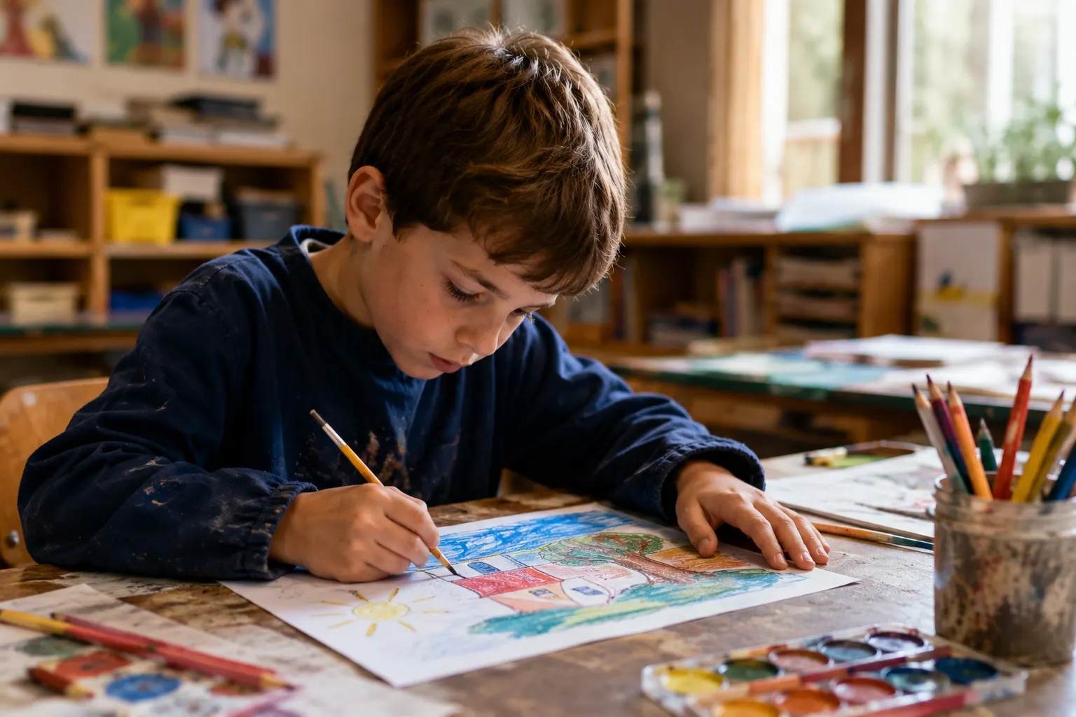 Enfant réalisant un dessin créatif dans une salle de classe, illustrant le lien entre transmission, apprentissage et créativité