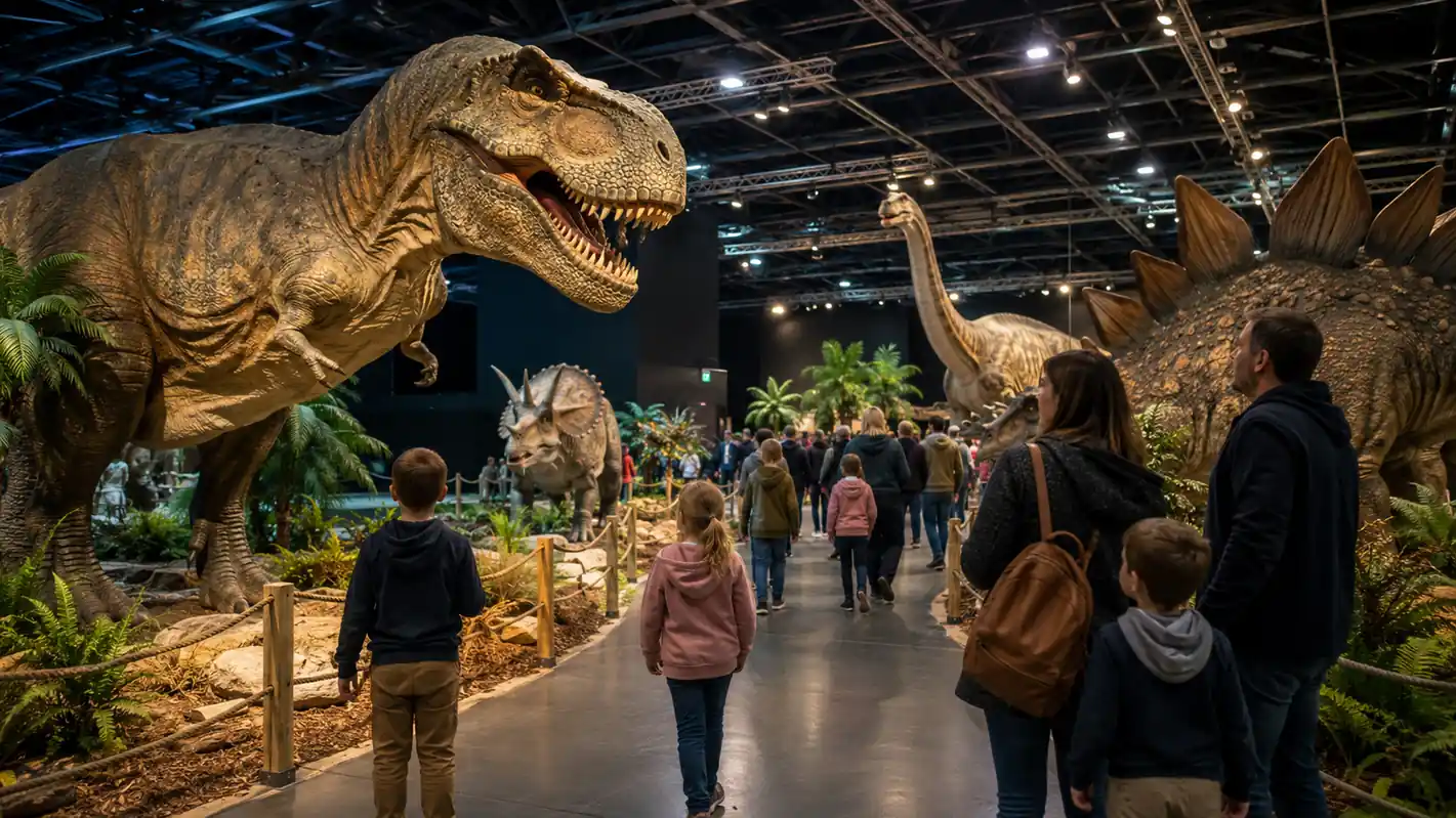 Familles visitant une exposition itinérante de dinosaures animatroniques grandeur nature
