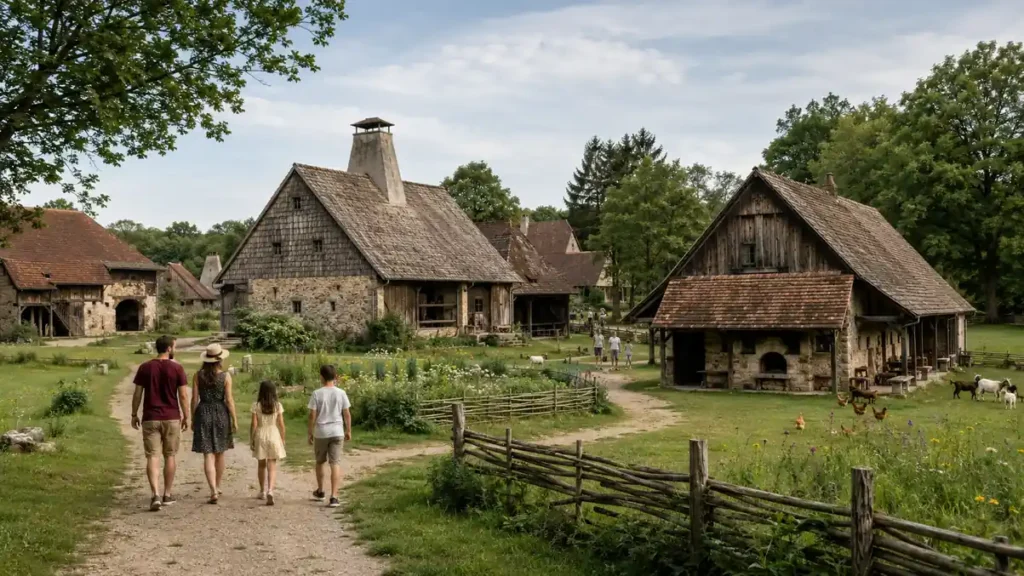 Famille visitant le Musée des Maisons comtoises au milieu de fermes traditionnelles, jardins et animaux à Nancray