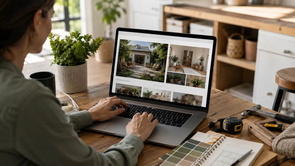 Personne consultant un blog maison et jardin sur un ordinateur entouré d’outils de bricolage et d’échantillons de décoration