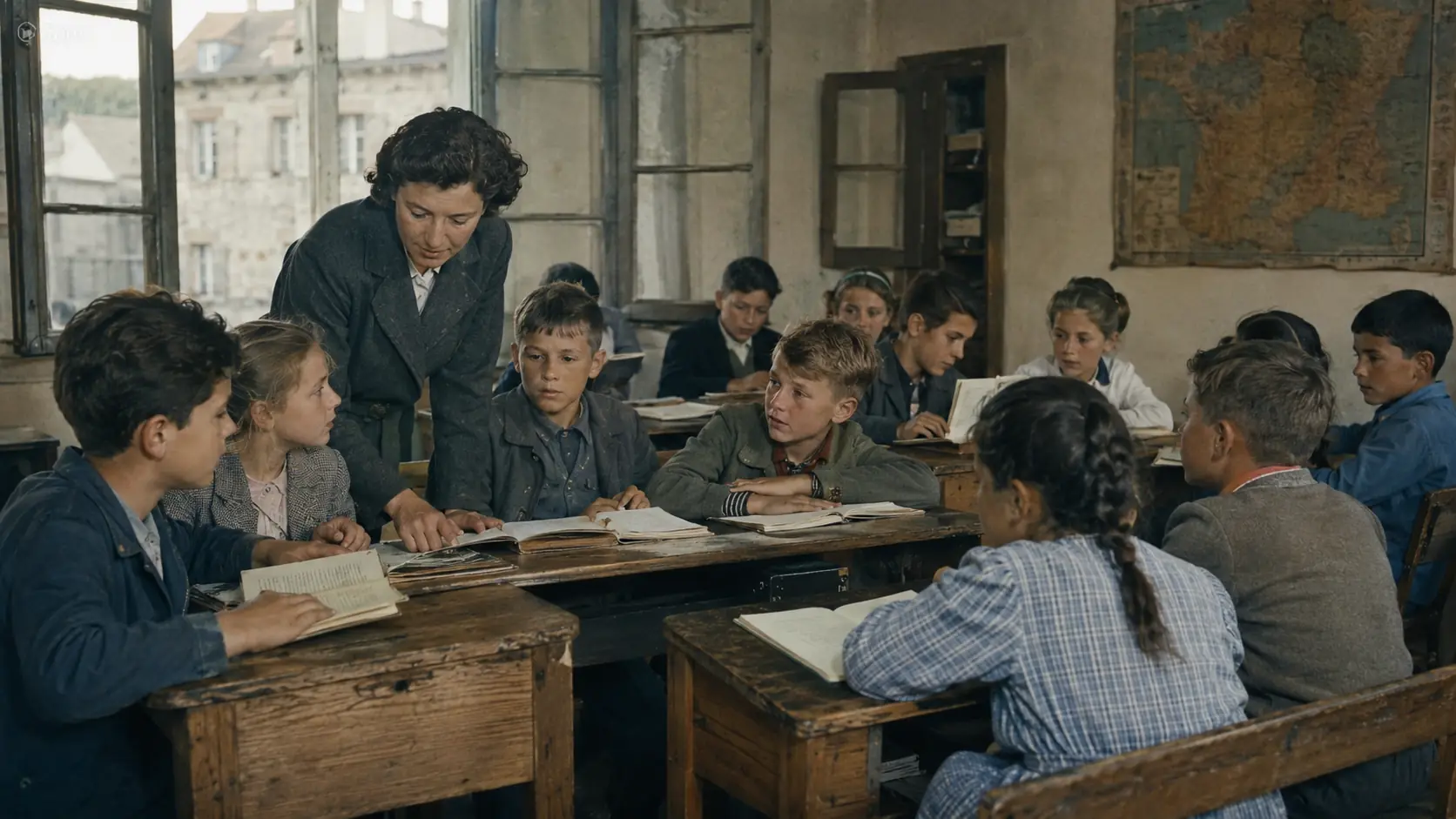 Institutrice accompagnant des élèves dans une salle de classe française en 1944, illustration du rapport de la commission Durry sur la réforme de l’enseignement