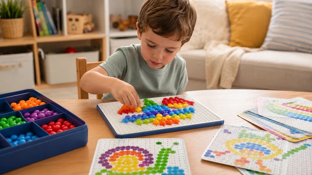Enfant réalisant une mosaïque colorée avec des pions sur une planche de jeu éducatif