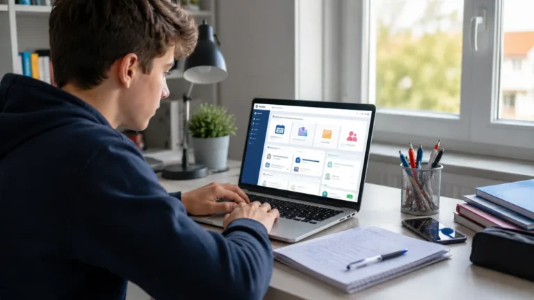 Lycéen se connectant à son ENT sur un ordinateur portable depuis son bureau