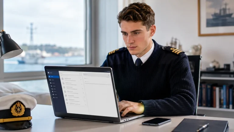 Élève officier consultant le webmail Horde de l’École navale sur un ordinateur portable