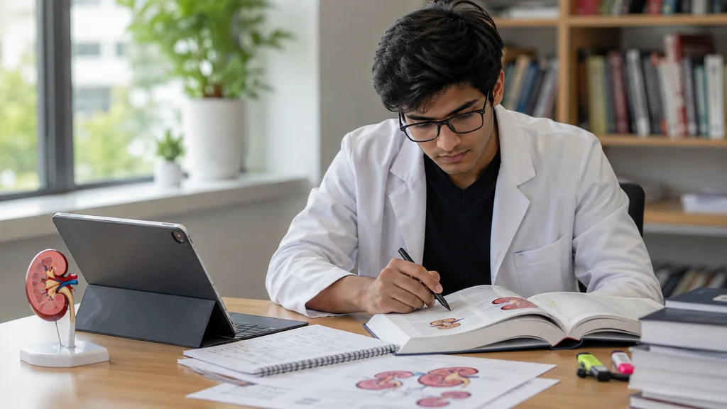 Étudiant en médecine révisant la néphrologie avec un manuel et un modèle anatomique de rein