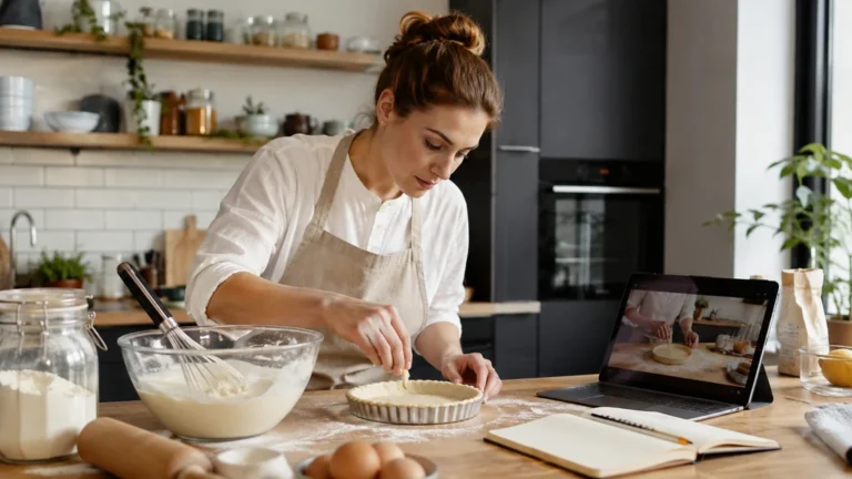 Élève suivant une formation à distance École des Pros en pâtisserie depuis sa cuisine