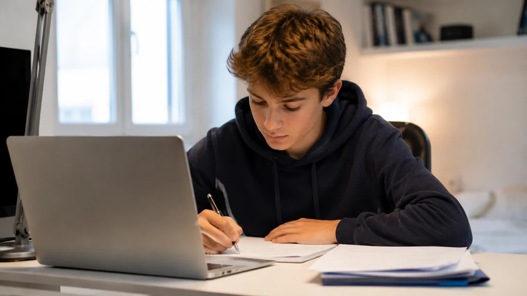 Lycéen travaillant à son bureau avec son ordinateur pour accéder à l’ENT du Lycée Descartes