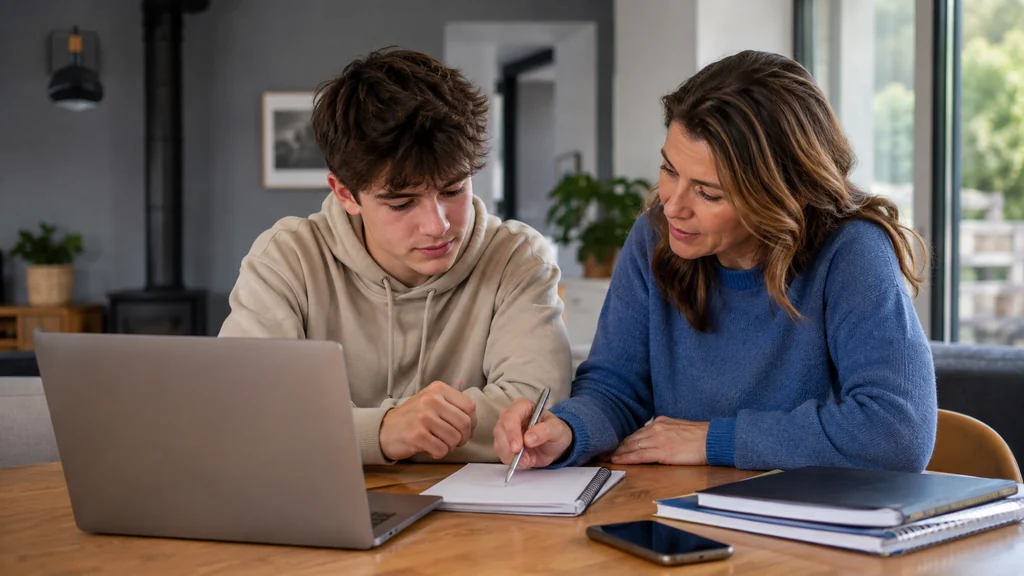 Lycéen et sa mère consultant les informations scolaires liées à l’ENT du lycée Gabriel Fauré