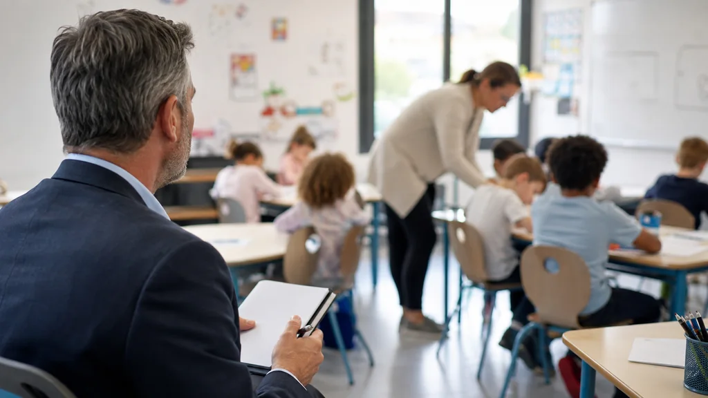 Inspecteur de l'Éducation nationale observant une enseignante et ses élèves pendant une séance en classe