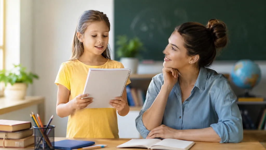 Écolière récitant la poésie Mon école devant son enseignante en classe