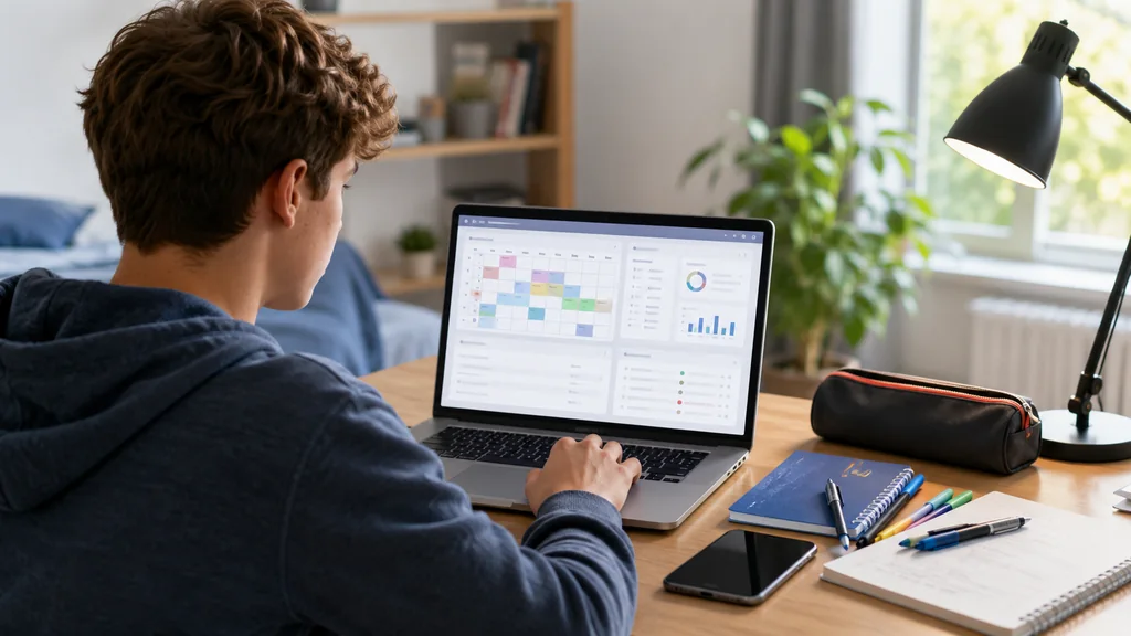 Lycéen consultant Pronote Alain Borne sur son ordinateur portable depuis son bureau