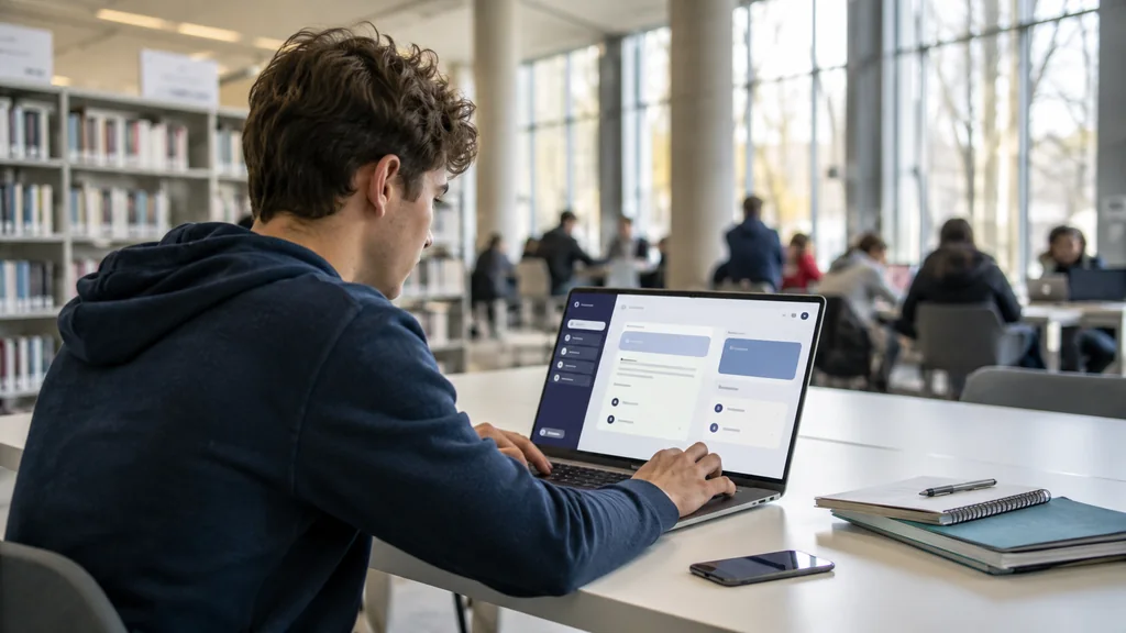 Étudiant se connectant à l’ENT Bordeaux depuis un ordinateur portable à la bibliothèque universitaire