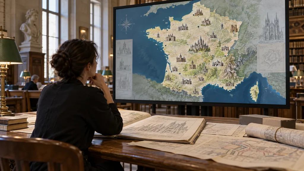 Une chercheuse consulte une carte numérique du patrimoine français