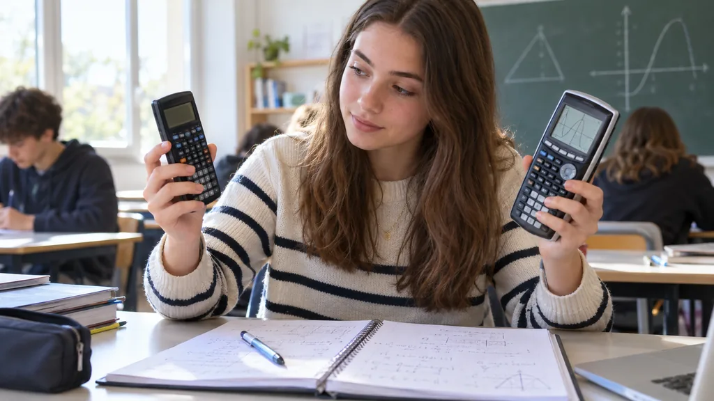 Une lycéenne compare deux calculatrices pendant un cours de mathématiques