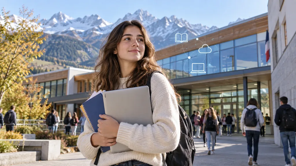 Une lycéenne devant un établissement alpin avec son ordinateur