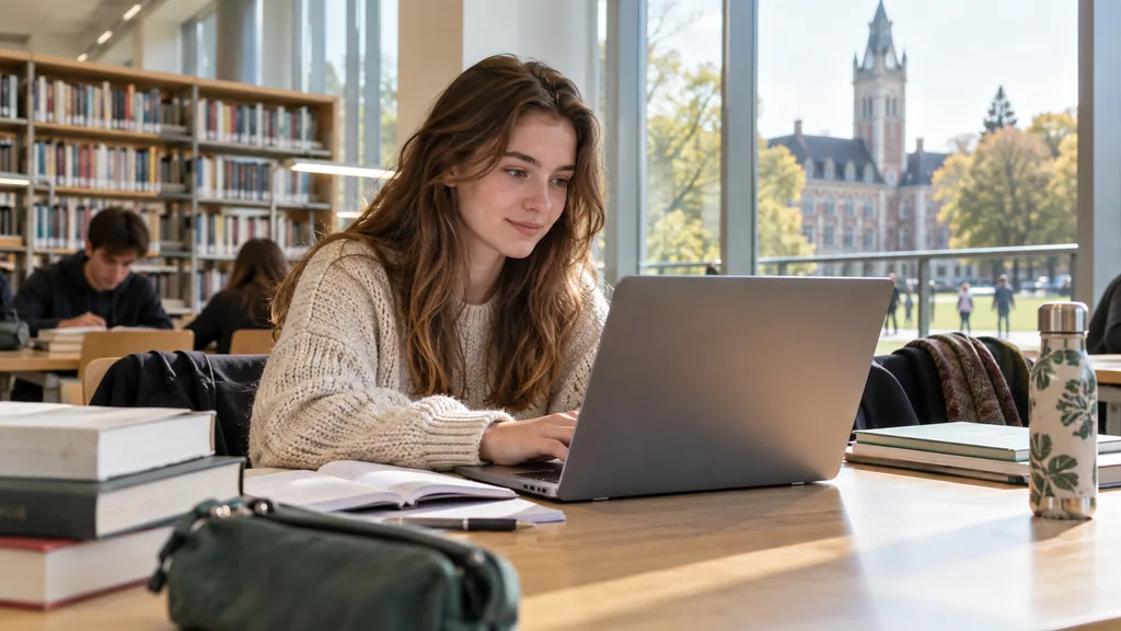 Une étudiante travaille sur son ordinateur dans une bibliothèque universitaire