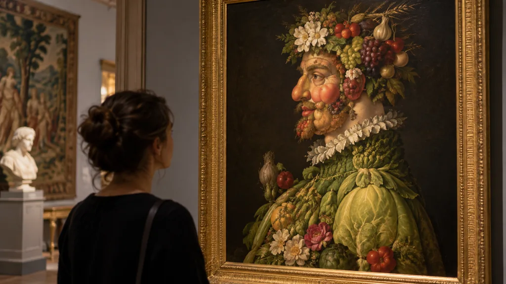 Une visiteuse observe un portrait composé de fruits et de fleurs