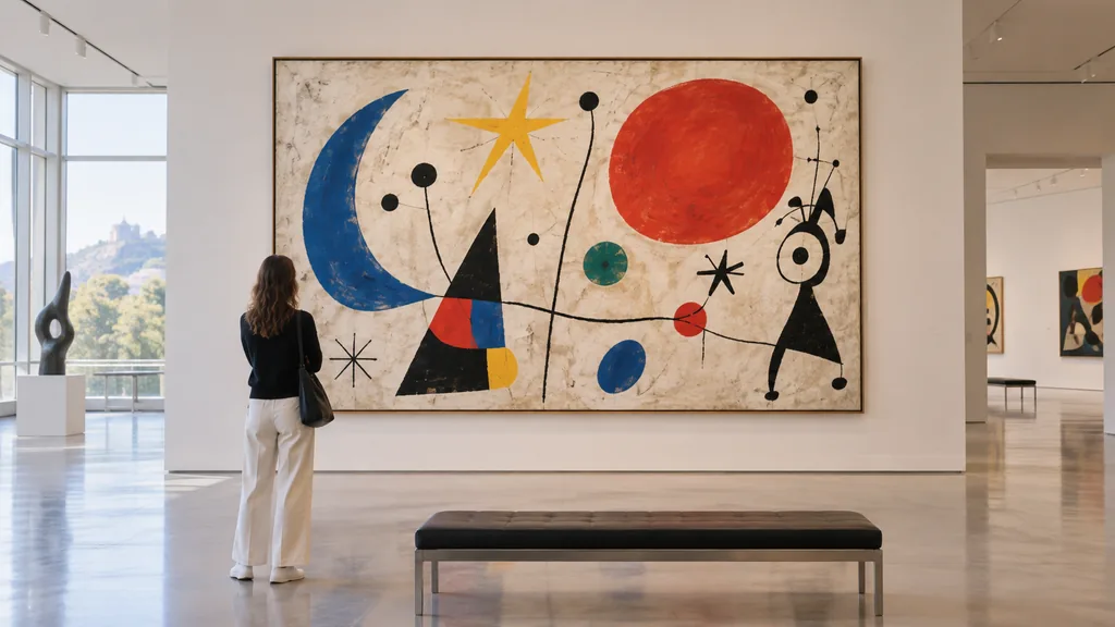 Une visiteuse contemple une grande toile abstraite aux couleurs primaires