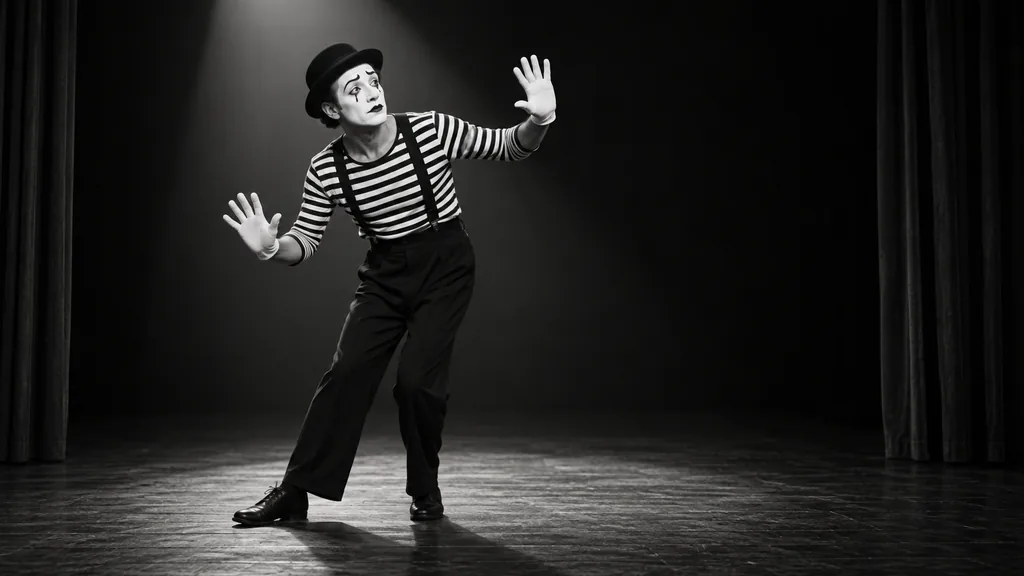 Un mime en noir et blanc se produit seul sur scène