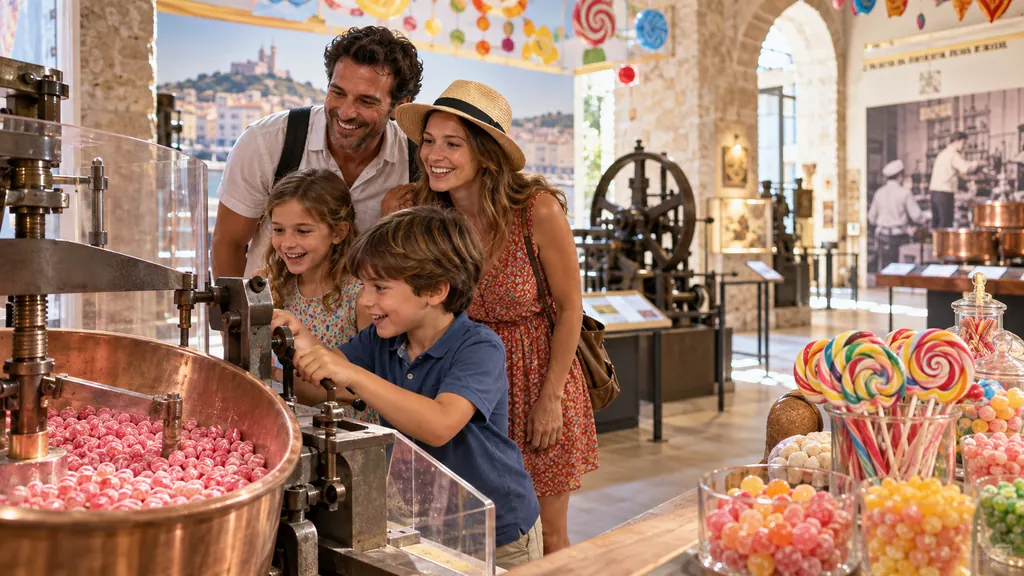 Une famille découvre les machines d’un musée de la confiserie
