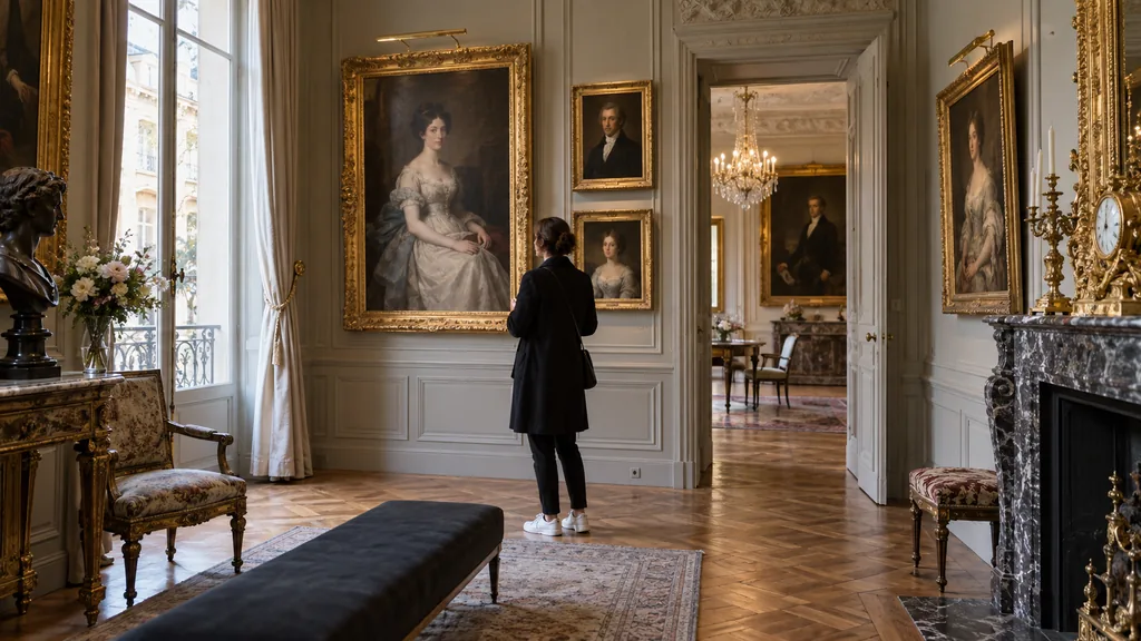 Une visiteuse découvre les portraits d’un musée installé dans un hôtel particulier