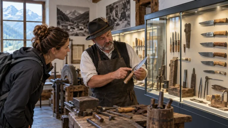 Une artisane présente des couteaux dans un atelier-musée alpin