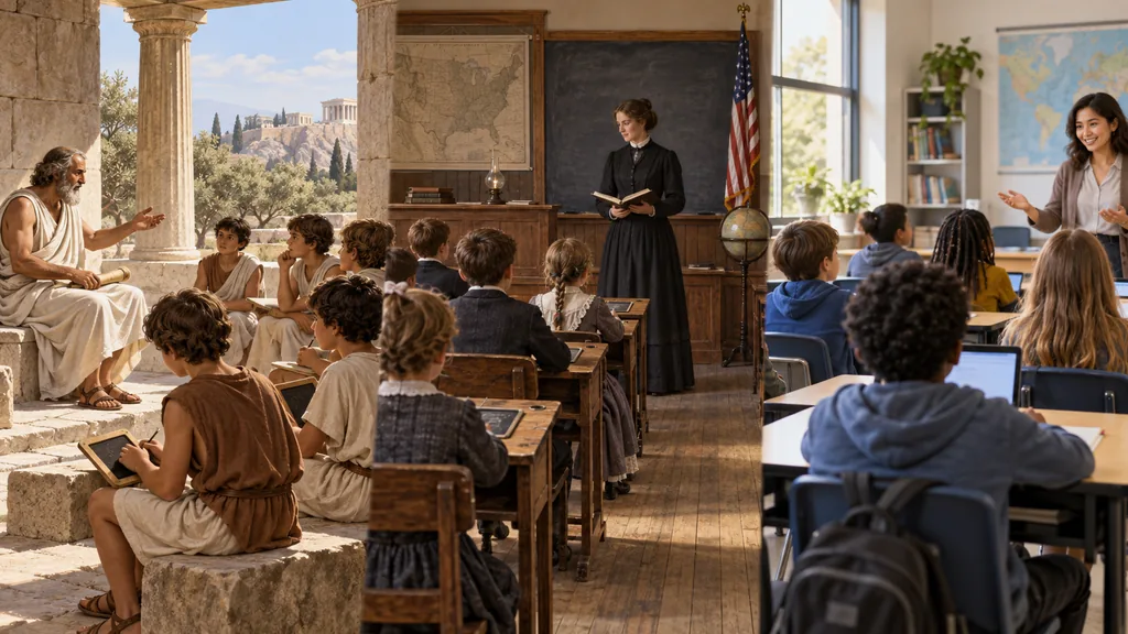 Une illustration montre l’évolution des salles de classe au fil des siècles