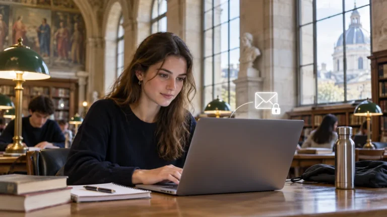 Une étudiante consulte son webmail dans une bibliothèque parisienne