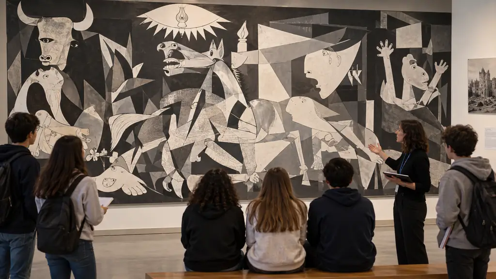 Élèves observant une grande fresque antimilitariste monochrome aux formes fragmentées