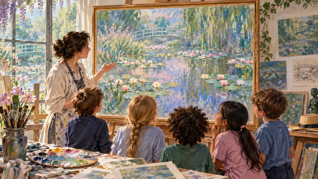 Enseignante présentant aux élèves une peinture impressionniste de jardin aux nymphéas