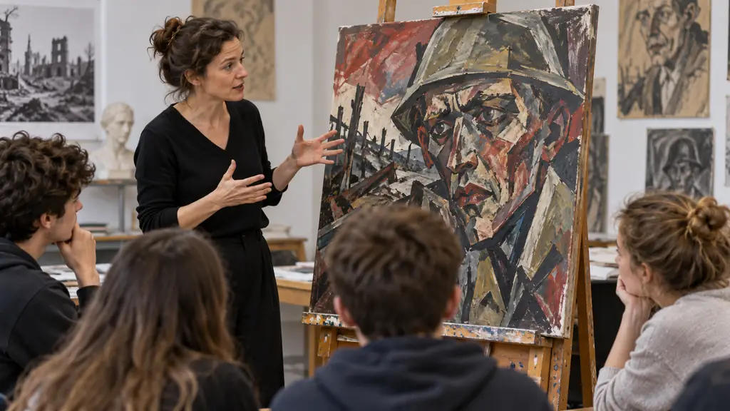 Classe étudiant un portrait expressionniste inspiré d’Otto Dix